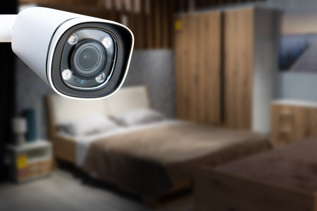 Closed circuit television camera. Closed circuit television recording on room background