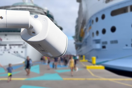 CCTV camera on the background of a cruise ship