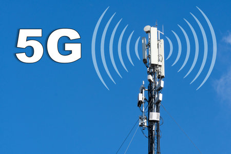 5G Network Connection Concept-5G ;communication mast, satellite communication antenna, copy spaceの写真素材