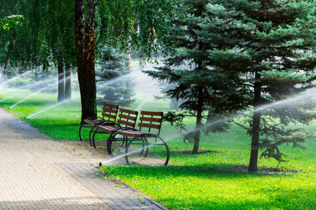 Sprinkler of automatic watering over green grass in the parksの写真素材