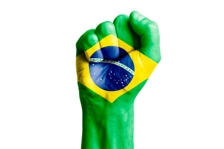 Man hand fist of BRAZIL flag painted. Close-upの写真素材