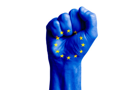 Man hand fist of EUROPE flag painted. Close-upの写真素材