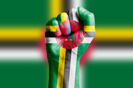 Man hand fist of DOMINICA flag painted. Close-upの写真素材
