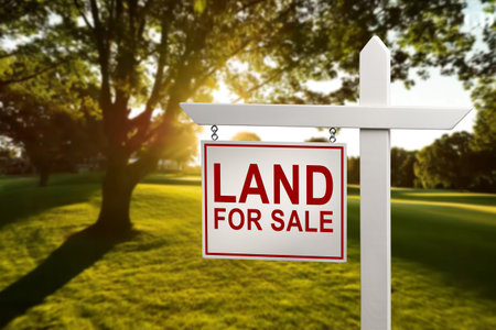 Conceptual sign against beautiful landscape with text - LAND FOR SALEの写真素材