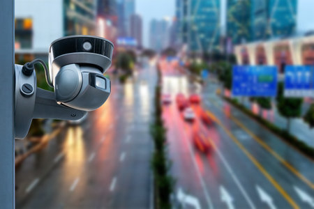 Closeup of traffic security camera surveillance CCTV on the road in the big cityの写真素材