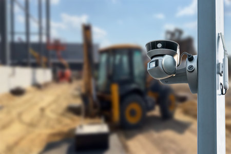 security CCTV camera or surveillance system with construction site on blurry backgroundの写真素材