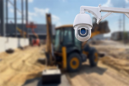 CCTV camera watching an excavator and workers working on a construction siteの写真素材