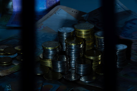 Bank vault with cash. Coins, banknotes, bank cards