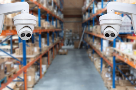 Video surveillance at an industrial enterprise. The video camera captures what is happening in the room around the clock. Installation of a video surveillance system in a warehouse.の写真素材