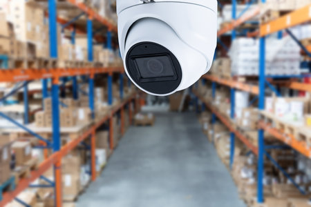 Video surveillance at an industrial enterprise. The video camera captures what is happening in the room around the clock. Installation of a video surveillance system in a warehouse.の写真素材