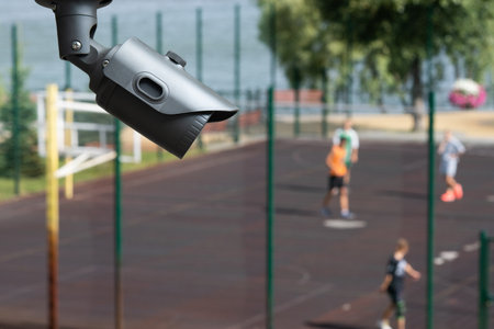 Outdoor CCTV monitoring, security cameras at a school playground.の写真素材