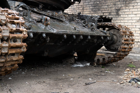 A close-up of a destroyed Russian tank during the military invasion of Ukraine. Ukraine war.の写真素材
