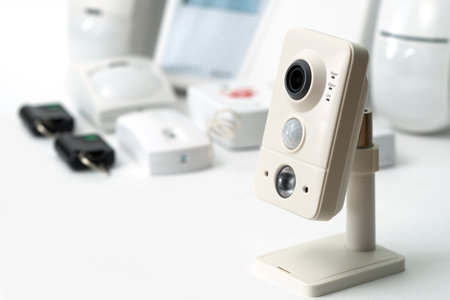 CCTV, ip camera Security on a light background, copy spaceの写真素材