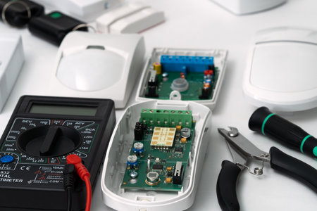 Various security systems equipment, presetting, on a white background. Selective focus.の写真素材