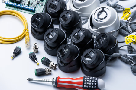 Modern black and white security cameras. Video surveillance concept background. The concept of video surveillance installation. Surveillance camera installation service.の写真素材