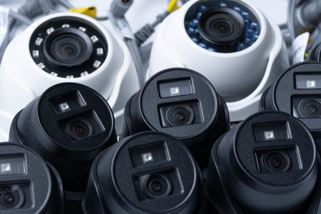Modern white and black security cameras close up. Video surveillance concept background.