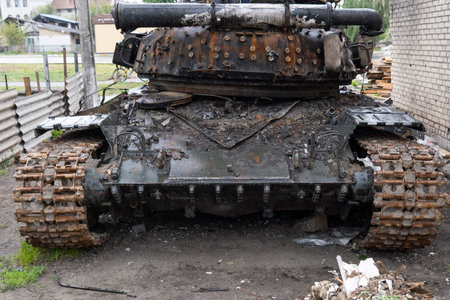 A close-up of a destroyed Russian tank during the military invasion of Ukraine. Ukraine war.の写真素材