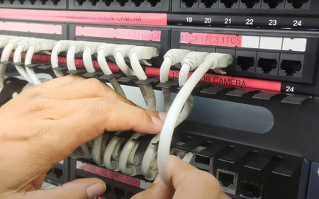 This image shows a technician troubleshooting server equipment and organizing cables to maintain a...