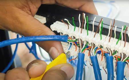 A technician is working with server equipment and cables in a data center, ensuring proper setup and...