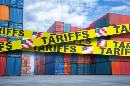 Tariffs warning signs near colorful shipping containers in a busy port areaの写真素材