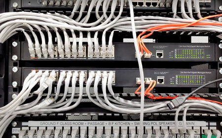 Organized cabling and hardware setup in the server rack of a cloud data center facility.