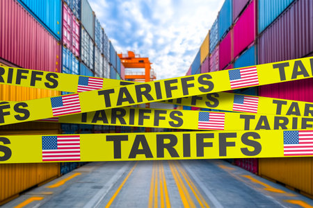 US tariff tape barriers enclosing shipping containers, highlighting economic and trade disputes.の写真素材