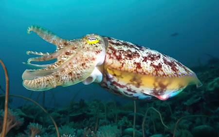 In a captivating underwater environment, a vibrant octopus swims gracefully amongst the coral, showing its intricate textures and colors. Sunlight filters through the water, enhancing the scene.の写真素材