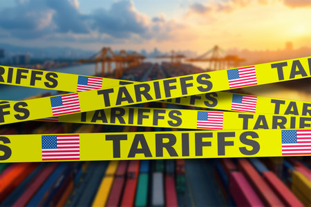 Economic barriers visualized: cargo containers blocked with bright US tariff restriction tape.の写真素材