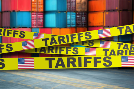 Cargo containers blocked off with US tariff tape, symbolizing trade restrictions and import barriers.の写真素材