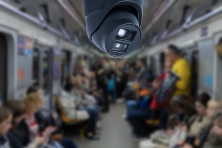 Security camera monitoring attach on ceiling inside subway metro train to surveillance safety of passenger in rush hour and can watch all time, blur people backgroundの写真素材