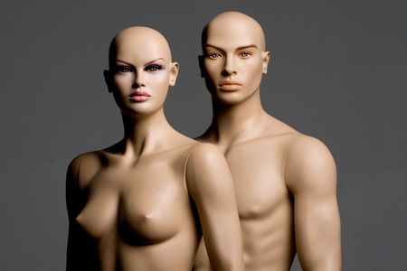 woman and man mannequin on white backgroundの写真素材