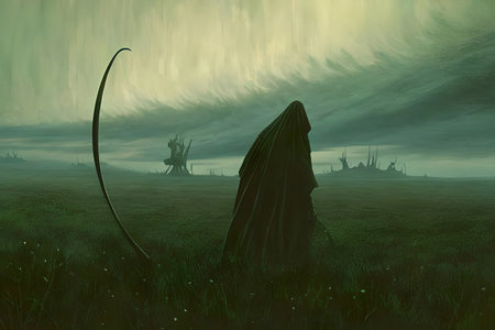 Mysterious painting style fantasy landscape with a pole stuck in the ground and the grim reaper walking away.の素材