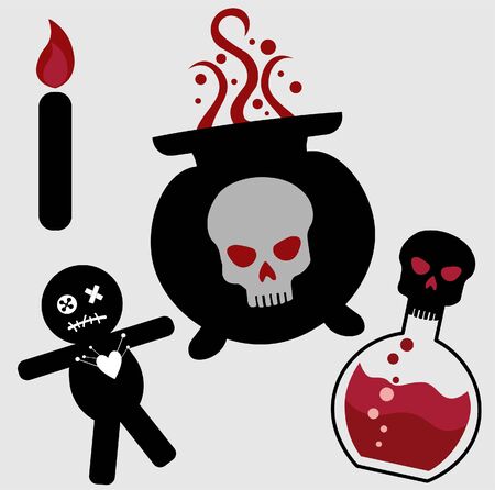 Set magical potion. Poisonous brew in a pot, bottles and flask. a skull. Icons of deadly items for Halloween.  Flat vector illustration Isolated on white background.のイラスト素材