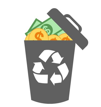 icon money and garbage trade, waste exchange business to money, buy and sell garbage, junk trading in money concept, waste sell and exchange. Flat vector illustrationのイラスト素材