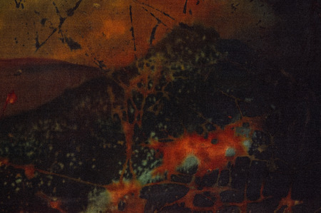 Lava in mountains fragment, hot batik background texture, handmade on silk, abstract surrealism art