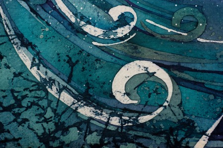 Waves curly turquoise, hot batik background texture, handmade on silk, abstract surrealism artの写真素材