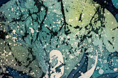 Abstraction turquoise and violet, hot batik background texture, handmade on silk, abstract surrealism artの写真素材