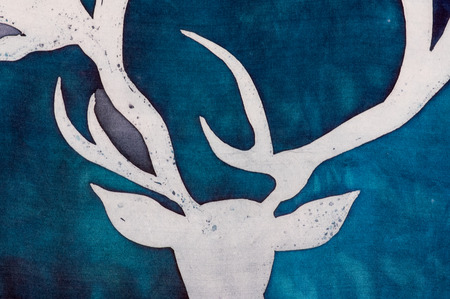 Deer, fragment, turquoise, hot batik, background texture, handmade on silk, abstract surrealism artの写真素材