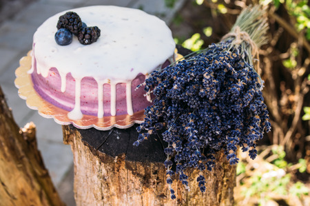 Closeup of the  lavender cheesecake with berriesの写真素材