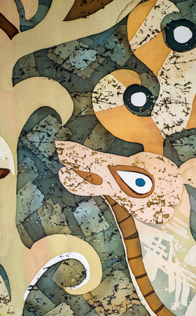 Deer, fragment, hot batik, background texture, handmade on silk, abstract surrealism artの写真素材