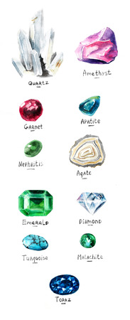 Collection of different gems - quartz, amethyst, garnet, apatite, nephritis, agate, emerald,...