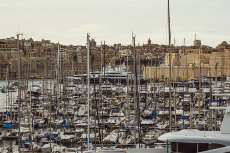 View to marina in Il-Birgu and Valletta, Maltaのeditorial素材