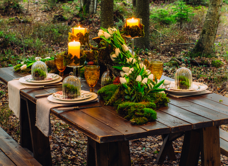 Wedding table decorations with tulips and moss, in forestの写真素材