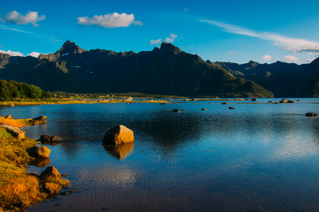 Beautiful view to the mountains near Grunnforfjord, Lofoten Islands, Norwayの写真素材