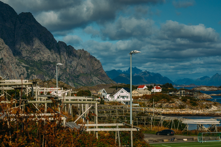 Dryer for fish in Henningsvaer, Lofoten Islands, Norwayの写真素材