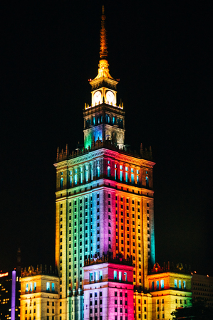 Night view to Palace of Culture and Science in Warsaw, Polandのeditorial素材