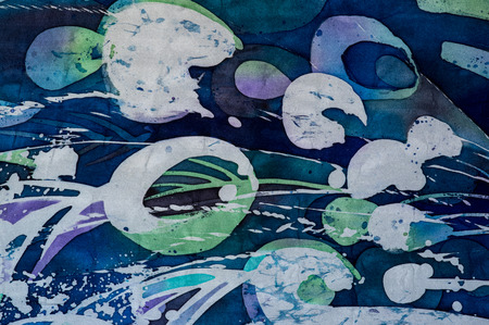 Feathers of peacock, turquoise, hot batik, background texture, handmade on silk, abstract surrealism...