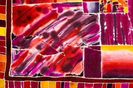 Squares, colorful abstraction, fragment, hot batik, background texture, handmade on cloth, ...