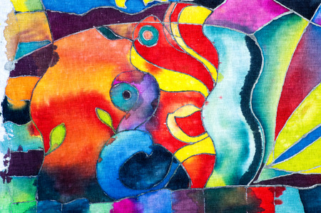 Colorful abstraction, fragment, hot batik, background texture, handmade on cloth,  surrealism artの写真素材