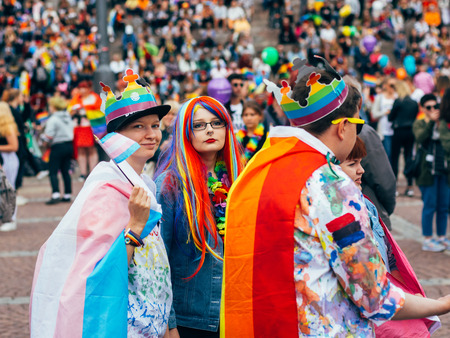 Helsinki, Finland - June 30, 2018: Girls from Helsinki pride festival on Senate squareのeditorial素材